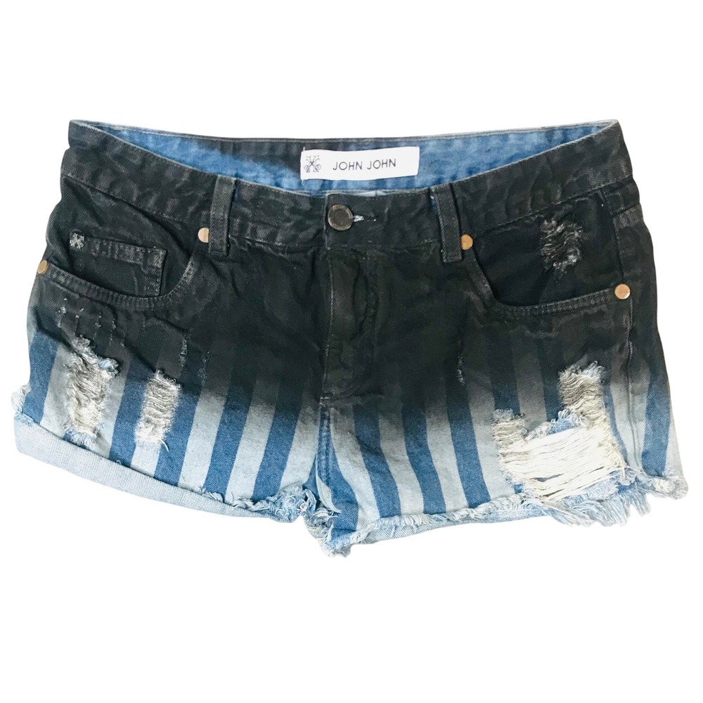 John John Denim Shorts Womens 31 Striped Ombre Distressed Raw Hem Black Blue